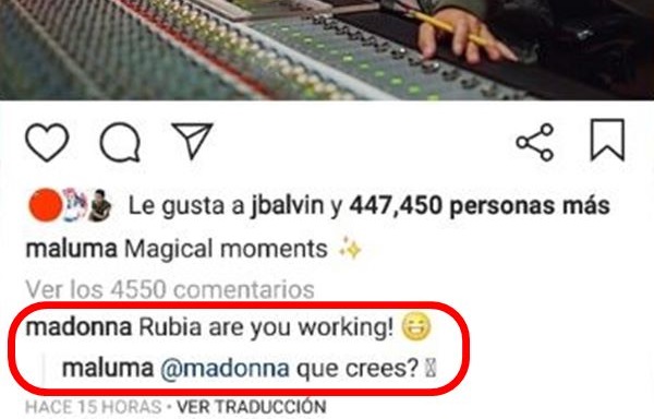 Print de comentario de Madonna en Instagram de Maluma