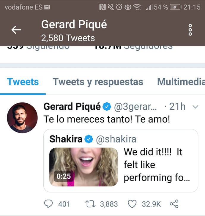 Tweet de Piqué a Shakira