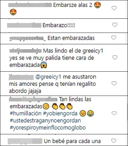 Imagen de los comentarios en el Instagram de Greeicy Rendón y Jéssica Cediel donde aseguran que ambas están embarazadas