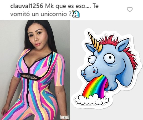 Foto comparando el Power Belt de Yina Calderón con vómito de unicornio.
