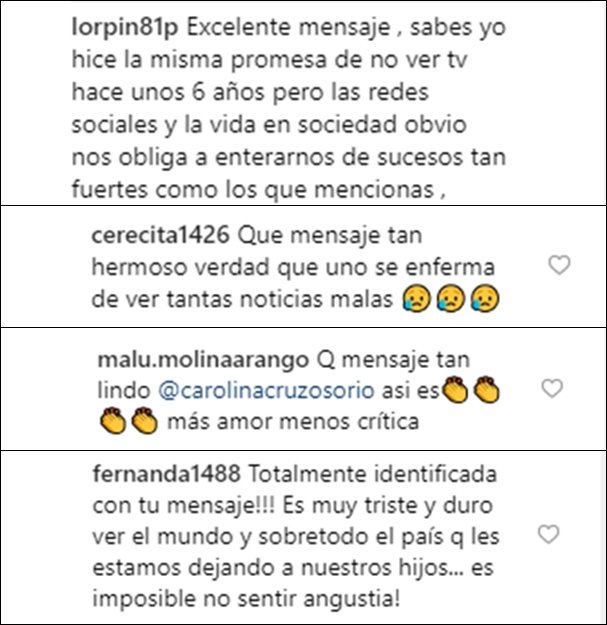 Mensajes a Carolina Cruz en su Instagram