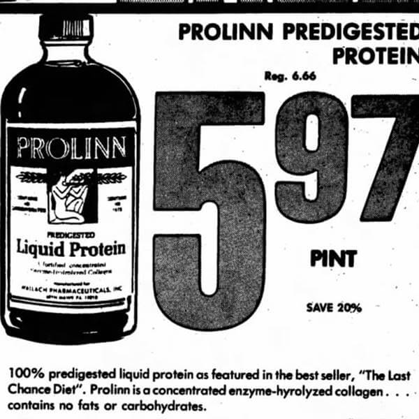 Imagen de periódico antiguo con anuncio de bebida portéica adelgazante