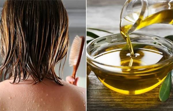 Foto de aceite de oliva y el pelo de una mujer