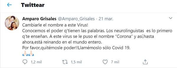 Print de pantalla de Twitter de esta famosa en el que dice que hay que cambiarle el nombre al coronavirus porque quitándole la corona se le acaba el reinado