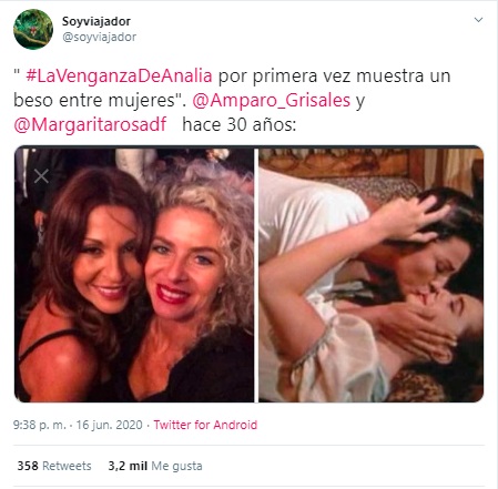 Usuario de twitter recordando que el primer beso entre mujeres en tv fue protagonizado por Margarita Rosa de Francisco y Amparo Grisales.