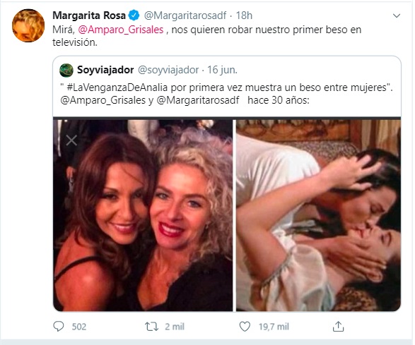 Margarita Rosa de Francisco reclamando que le quieren robar el primer beso entre mujeres en Tv a ella y a Amparo Grisales
