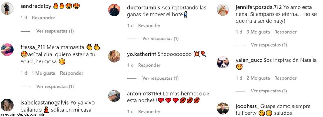 Screenshot de los comentarios en el video de Natalia París bailando