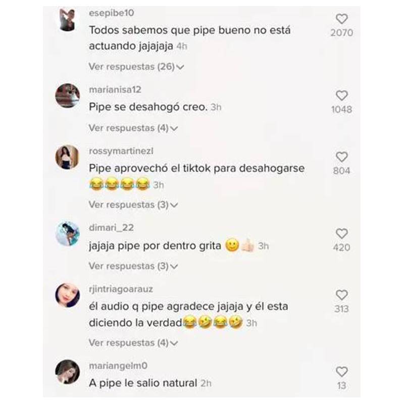 Screenshot de los comentarios hechos en el video de Pipe Bueno y Luisa Fernanda W