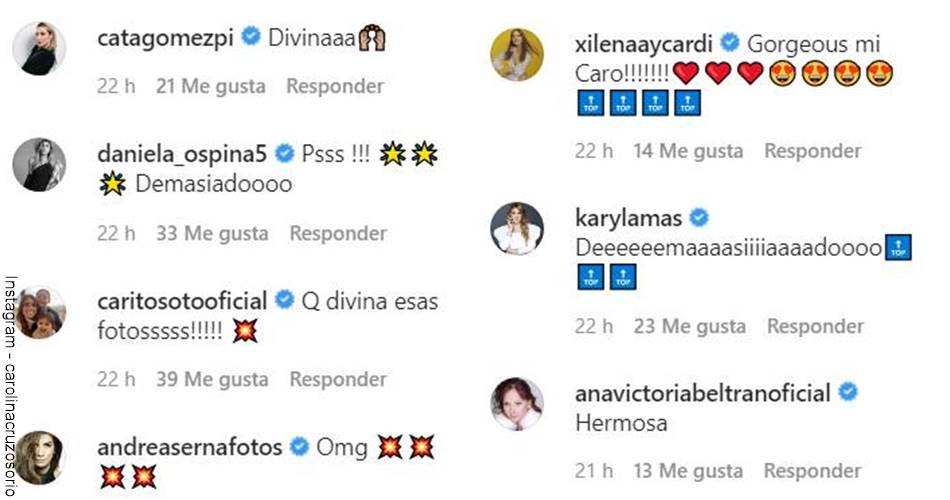 ScreenShot de los comentarios de famosas en las fotos de Carolina Cruz