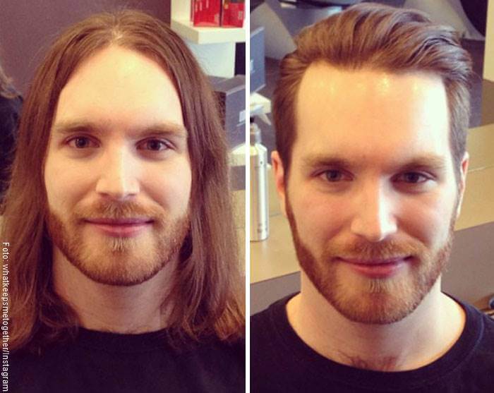 Fotos de un hombre comparando pre visita a peluquería y post