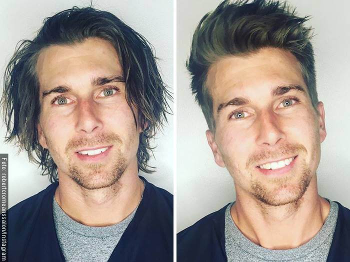 Fotos de un hombre comparando pre visita a peluquería y post
