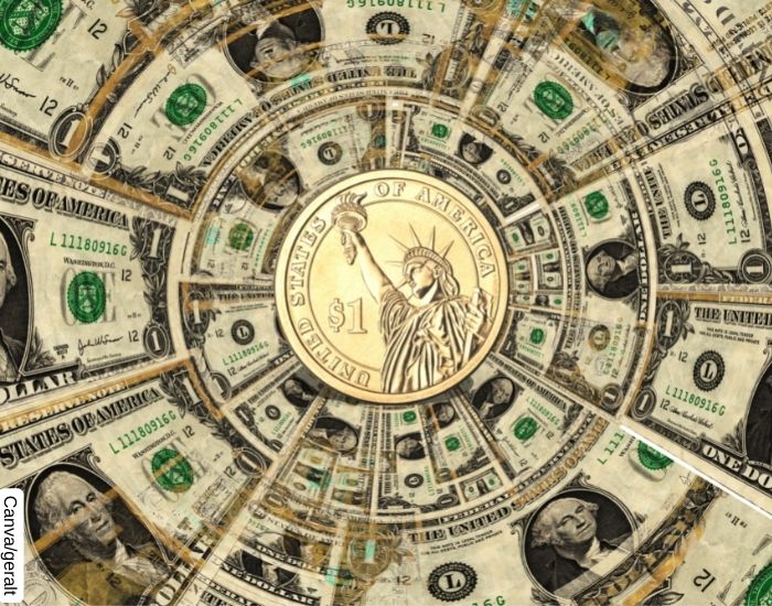 Ilustración de muchos dolares rodeando una moneda con la estatua de la libertad grabada