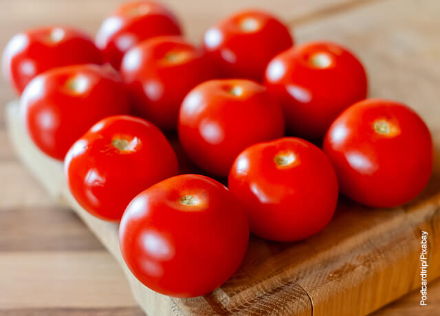 Foto de una docena de tomates rojos sobres una mesa