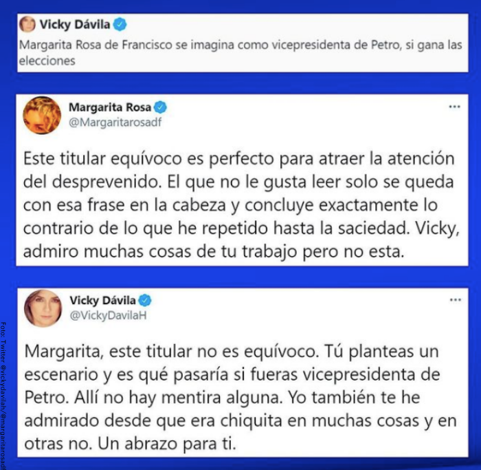 Foto de los tweets entre Margarita Rosa de Francisco y Vicky Dávila