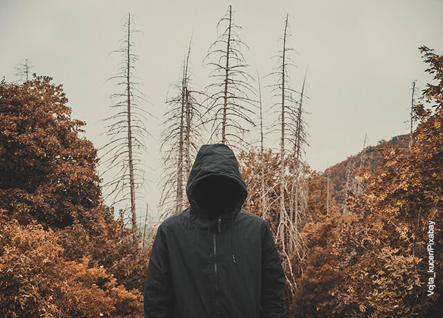 Foto de un hombre con ropa escura en medio de un bosque