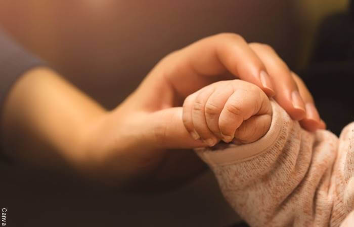 Foto de la mano de un bebé en la de su madre