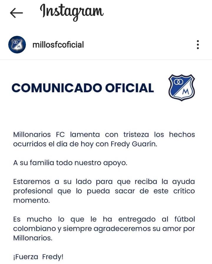 Print de comunicado oficial de Millonarios sobre Fredy Guarín