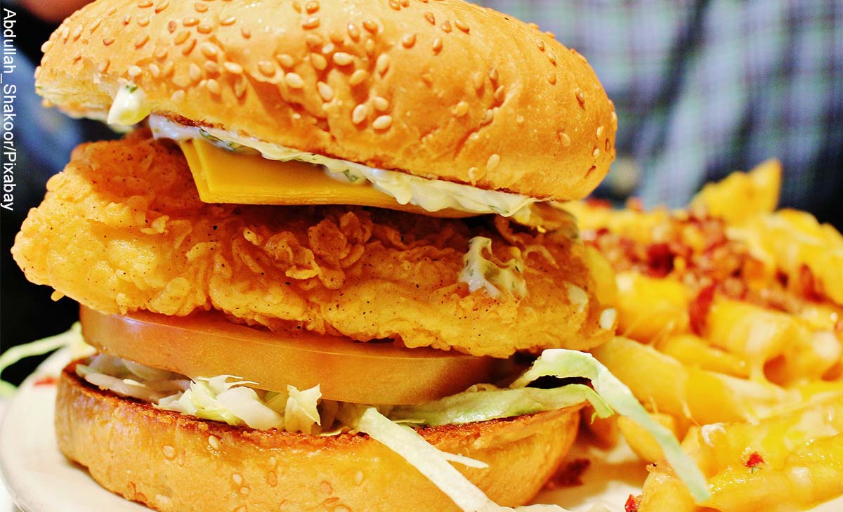 Foto de una hamburguesa con papas que muestra la receta de hamburguesas de pescado