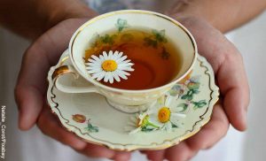 Foto de unas manos sosteniendo una taza que revela para qué sirve el agua de manzanilla