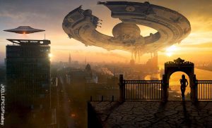 Foto de ovnis sobre una ciudad que revela las mejores películas de ciencia ficción