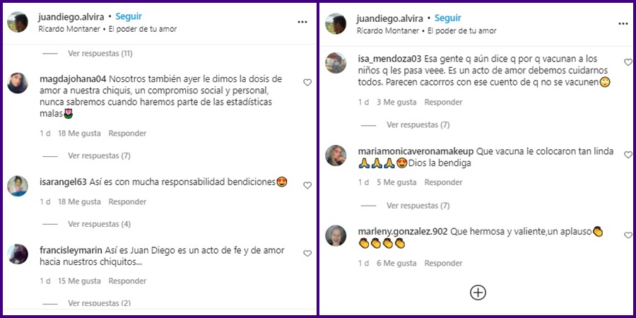 Screenshot de los comentarios positivos en la cuenta de Instagram de Juan Diego Alvira