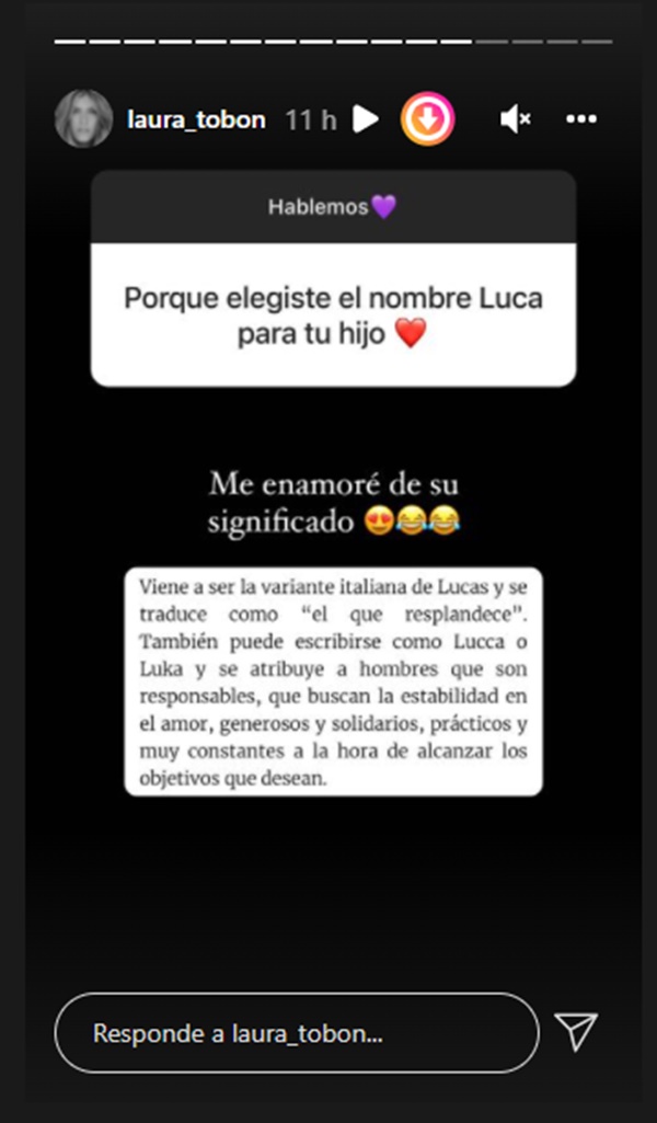 Screenshot de la pregunta y la respuesta a Laura Tobón sobre el nombre de su hijo Luca