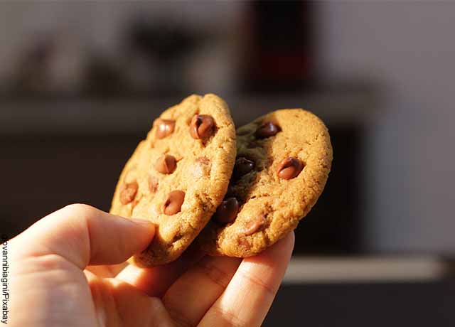 Foto de una mano sosteniendo dos galletas con chocolate