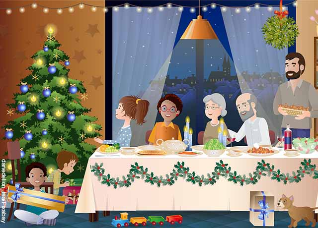 Foto de dibujos de familia frente al árbol de Navidad