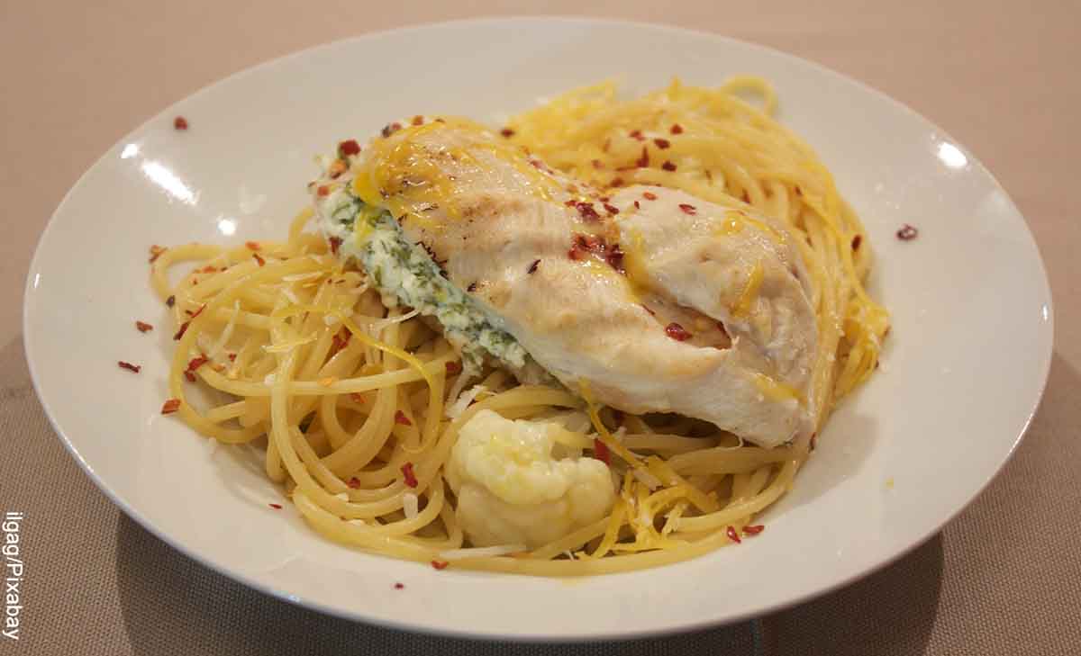 Foto de un plato de pasta con papa y pollo que revela las recetas de espaguetis con pollo