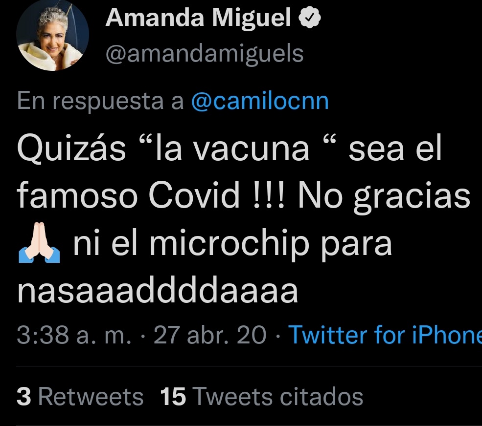 Screenshot de un tuit hecho por Amanda Miguel en contra de las vacunas