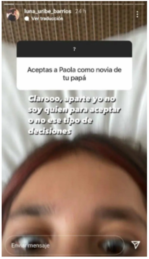 Screenshot de la pregunta que respondió Luna Uribe sobre la relación de su papá y Paola Jara