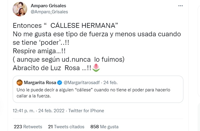 Screenshot de la respuesta de Amparo Grisales a Margarita Rosa en su cuenta de Twitter