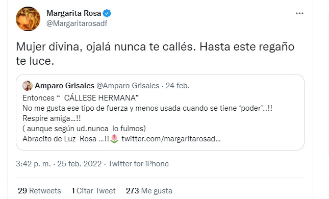 Screenshot de la respuesta de Margarita Rosa a Amparo Grisales en su cuenta de Twitter