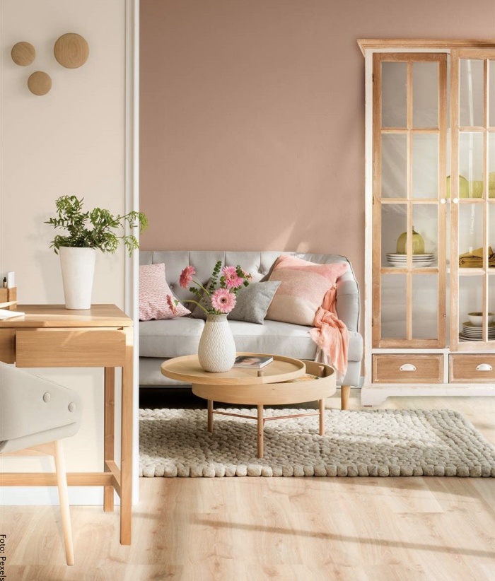Foto de paredes color pastel y muebles de madera