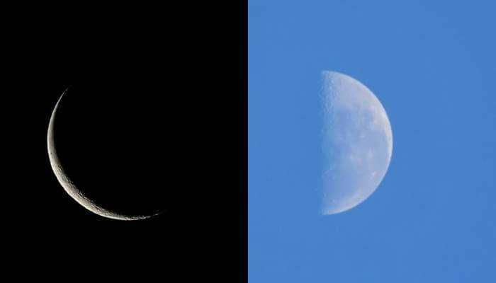Dos fotos en mosaico con diferentes perspectivas de la luna