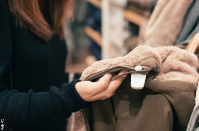 Foto de mujer mirando el precio de una chaqueta en un almacén