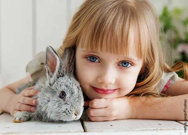 Foto de una niña acariciando a un conejo