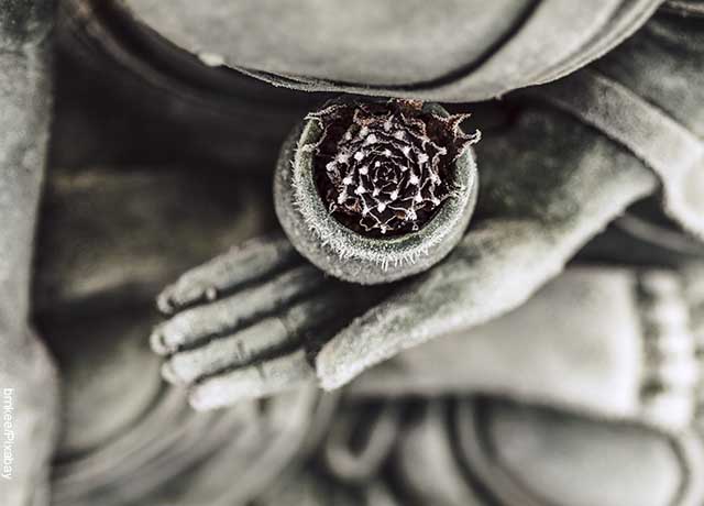 Foto de la mano de una estatua que sostiene una flor de loto