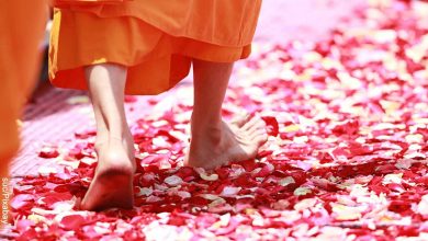 Foto de los pies de monje budista sobre rosas que muestra el mantra Om Mani Padme Hum
