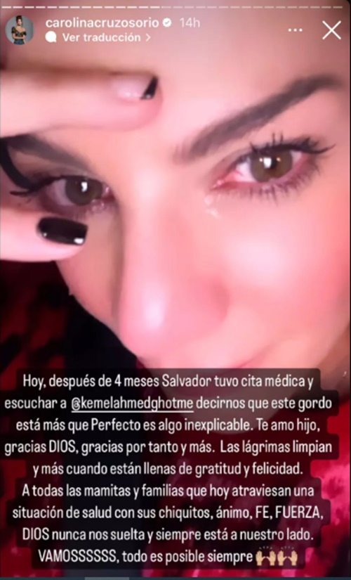 Screenshot de la publicación de Caro Cruz sobre el estado de salud de su hijo Salvador