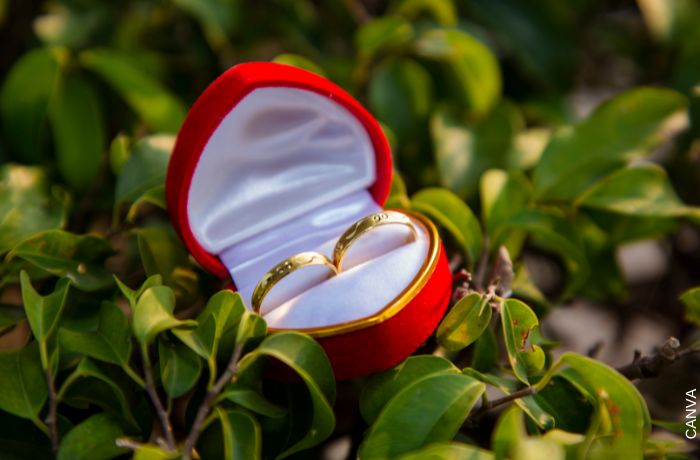 Foto de anillos para pareja en caja con forma de corazón