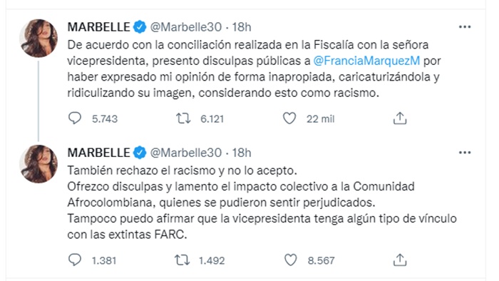 Screenshot de los tuits de Marbelle y la rectificación de sus palabras contra Francia Márquez
