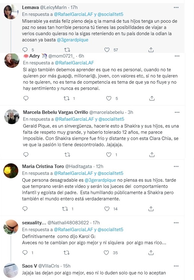 Screenshot de comentarios sobre el video del beso de Piqué a su nueva novia