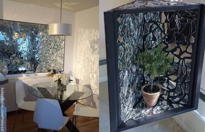 Mosaico de dos fotos con espejos rotos en una casa