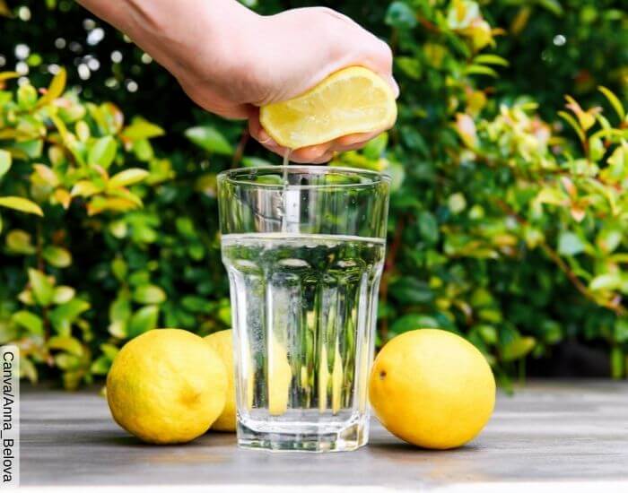 Foto de una mano exprimiendo medio limón dentro de un vaso con agua