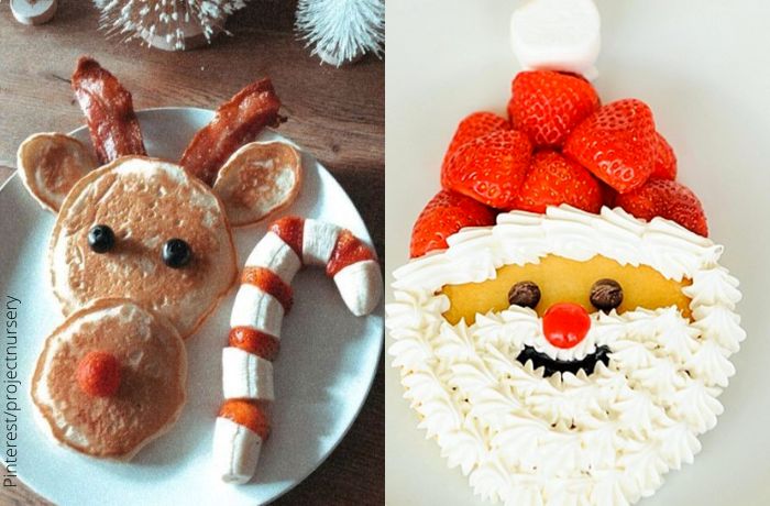 Foto de hot cakes con forma de reno y de Papá Noel