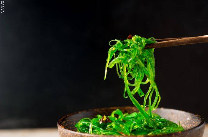Foto de un plato con algas marinas y palitos chinos