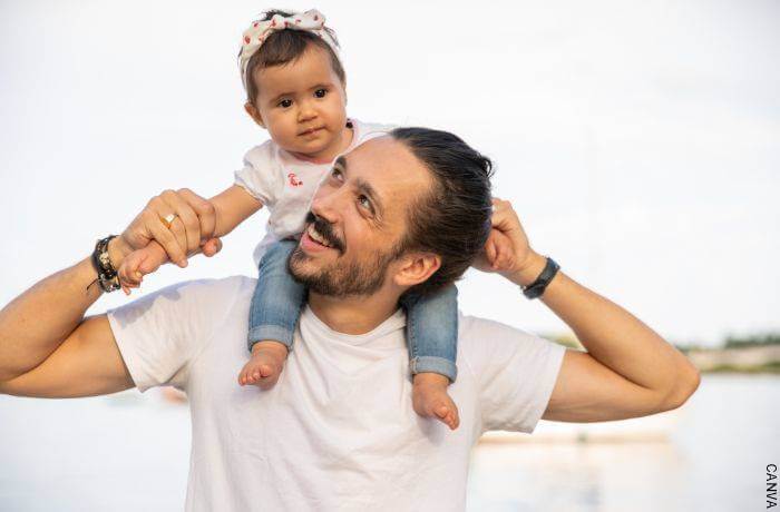 Foto de un papá con su hija en hombros