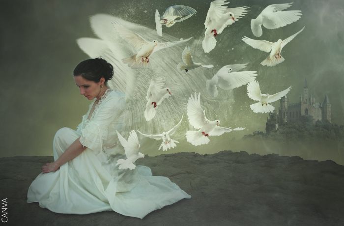 Ilustración de una mujer con alas de ángel y palomas volando alrededor