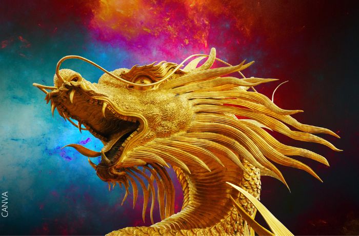 Ilustración de un dragón dorado con fondo de colores